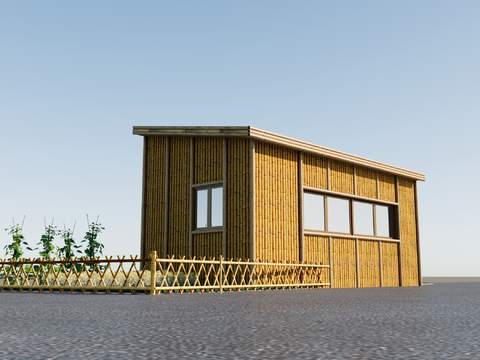 New Chinese-style wooden house with ancient bamboo fence