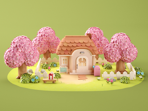 Cartoon Scene Cartoon Garden Cartoon Cherry Blossom Tree