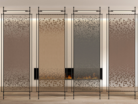 Perforated metal mesh partition electronic fireplace