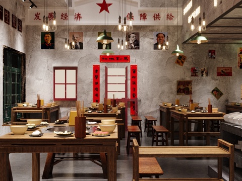 Industrial style nostalgic barbecue shop barbecue shop Hot Pot DiningRoom skewers shop Chinese restaurant hot pot tables and chairs