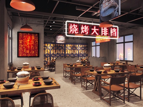 Industrial style nostalgic barbecue shop barbecue shop Hot Pot DiningRoom skewers shop Chinese restaurant hot pot tables and chairs