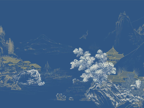 Blue Chinese Landscape Ink Wallpaper Mural