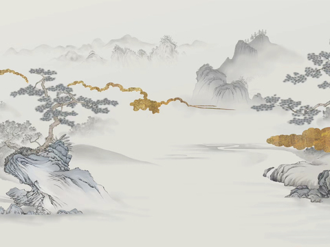 Chinese landscape gilded wallpaper mural