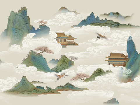 Chinese Xiangyun Diancui Ink Mountain Crane Wallpaper Mural