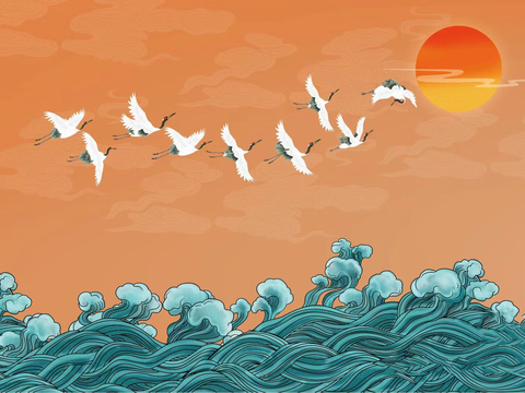 Chinese Wave Crane Wallpaper Mural