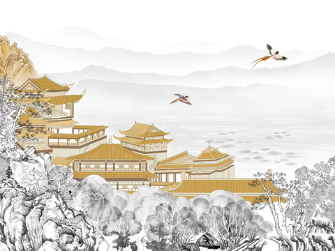 Chinese abstract architectural wallpaper mural