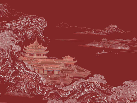 Chinese red landscape architecture wallpaper mural