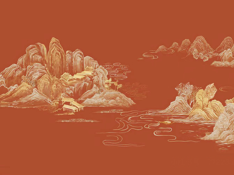 Chinese red background golden landscape wallpaper mural