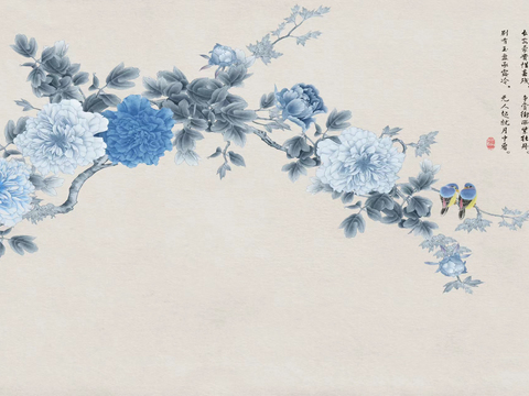 Chinese style blue flowers bloom rich wallpaper mural