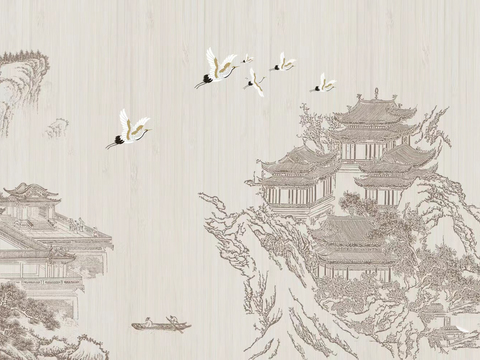 Chinese architecture crane wallpaper