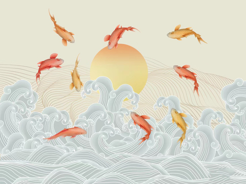 Chinese Wave Goldfish Wallpaper Mural