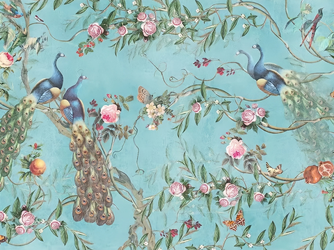 Retro American pastoral flowers and birds wallpaper