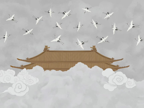 Chinese Xiangyun Architecture Crane Wallpaper