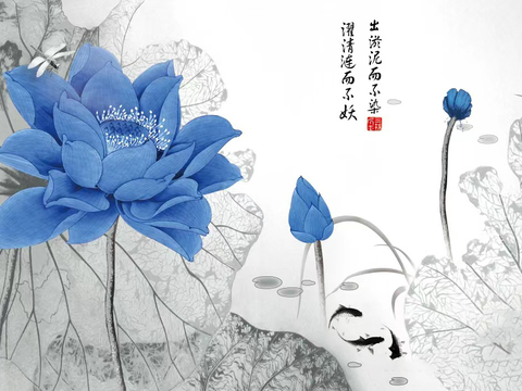 Chinese blue lotus wallpaper mural