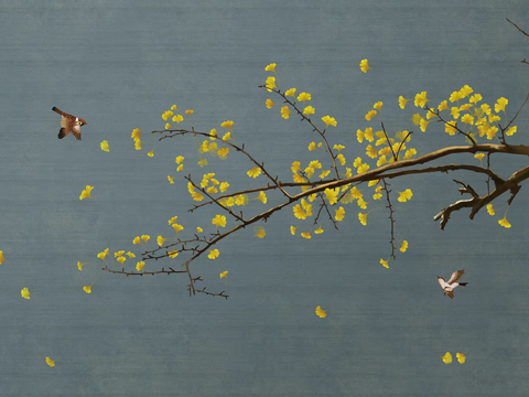 Chinese blue ginkgo flowers and birds wallpaper mural