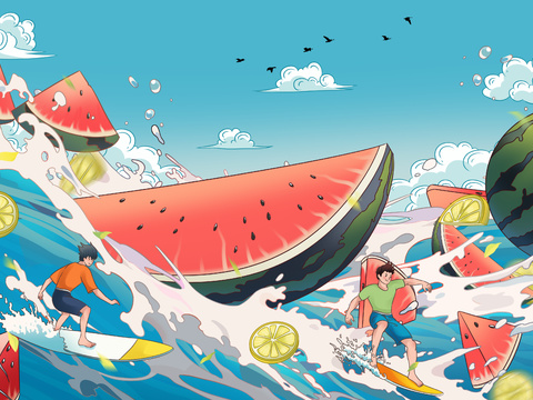 Children's cartoon abstract watermelon ocean wallpaper mural