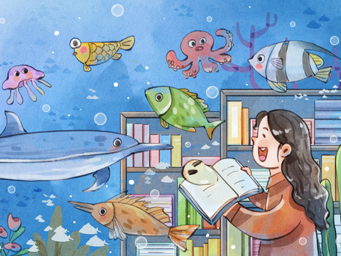 Children's Cartoon Ocean Whale Girl Reading Wallpaper Mural