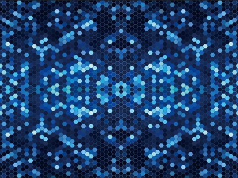 Seamless blue color-hopping hexagonal brick mosaic