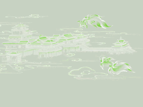 New Chinese style green abstract architectural lines mural wallpaper