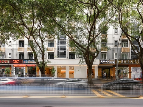 Stores along the street during the day