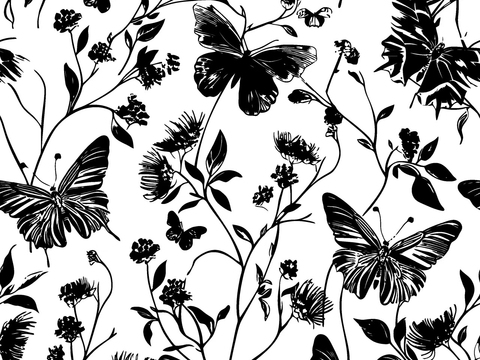 Seamless Black and White Modern French Butterfly Plant Wallpaper