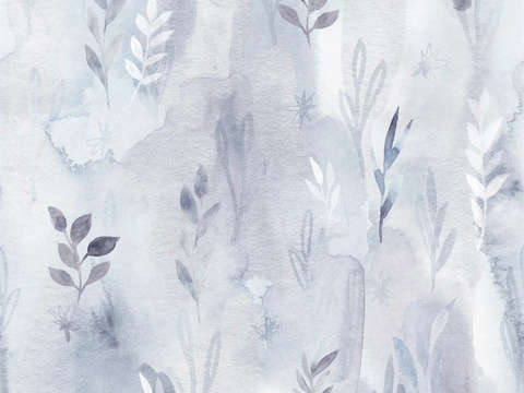 Seamless modern new Chinese gray blue ink plant wallpaper