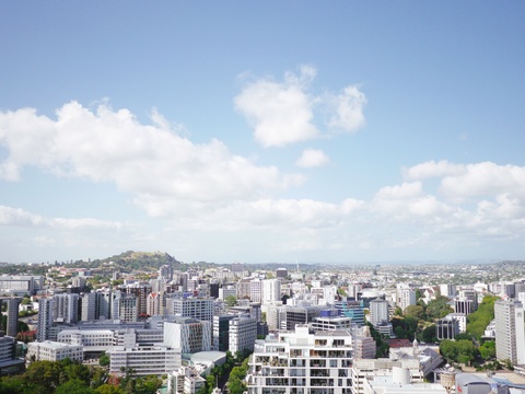 City exterior view outside the window