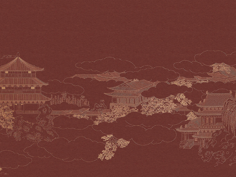 New Chinese dark red Palace Painting Wallpaper