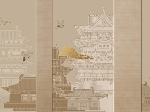 Chinese architectural printing wallpaper