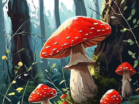 Forest Mushroom Plant Painting