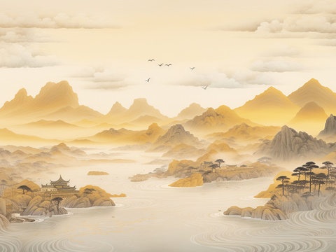 Golden Chinese Landscape Ink Painting Mural