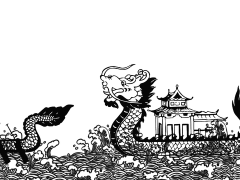 Modern black and white dragon boat wallpaper