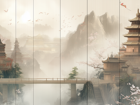 New Chinese Zen Landscape Chinese Architecture Mural Hard Bag Background