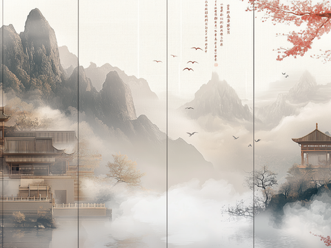 New Chinese Zen Landscape Chinese Architecture Mural Hard Bag Background