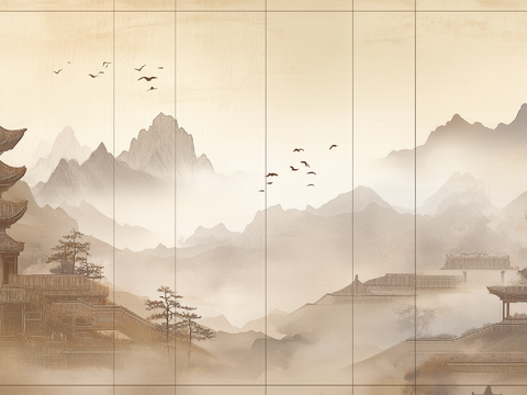 New Chinese Zen Landscape Chinese Architecture Mural Hard Bag Background