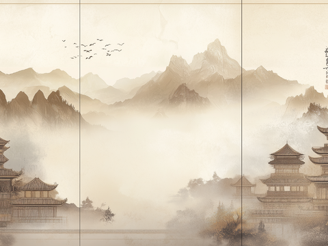 New Chinese Zen Landscape Chinese Architecture Mural Hard Bag Background