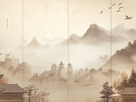 New Chinese Zen landscape mural hard bag background