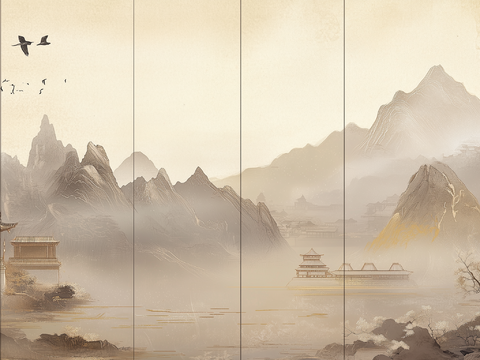 New Chinese Zen Landscape Chinese Architecture Mural Hard Bag Background