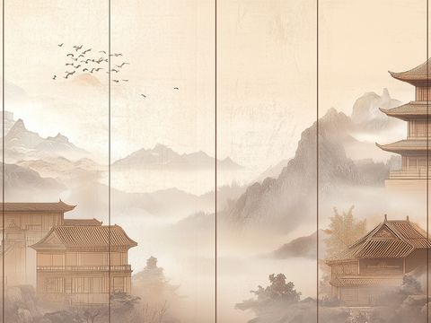 New Chinese Zen Landscape Chinese Architecture Mural Hard Bag Background