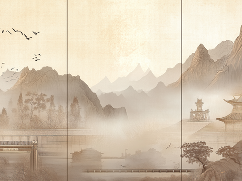 New Chinese Zen Landscape Chinese Architecture Mural Hard Bag Background