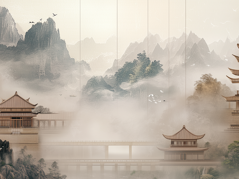 New Chinese Zen Landscape Chinese Architecture Mural Hard Bag Background