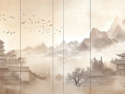 New Chinese Zen Landscape Chinese Architecture Mural Hard Bag Background