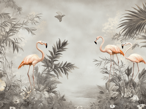 French American Middle Ancient Retro Tropical Rainforest Flower and Bird Mural