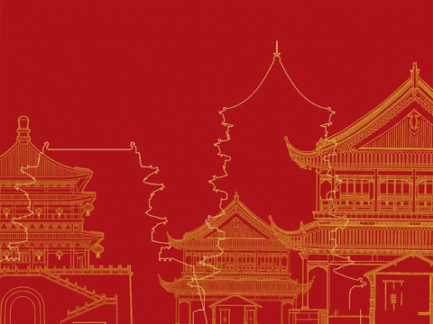 New Chinese style red gold architectural lines mural