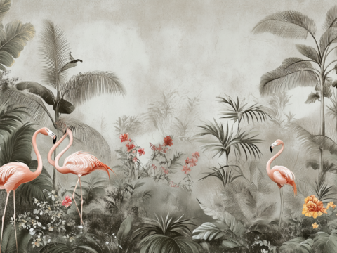 French American Middle Ancient Retro Tropical Rainforest Flower and Bird Mural