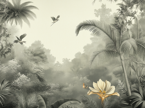 French American Middle Ancient Retro Tropical Rainforest Flower and Bird Mural