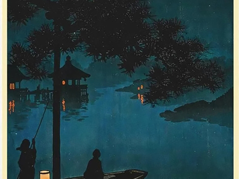 Japanese-style abstract painting by the lake at night