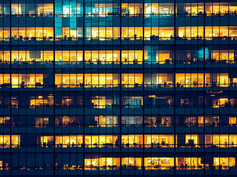 Building facade night windows