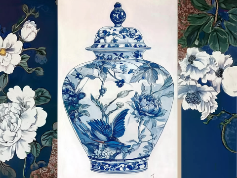 New Chinese Middle Style Dopamine Blue and White Porcelain Hanging Painting