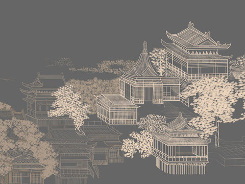 New Chinese line drawing pavilion wallpaper